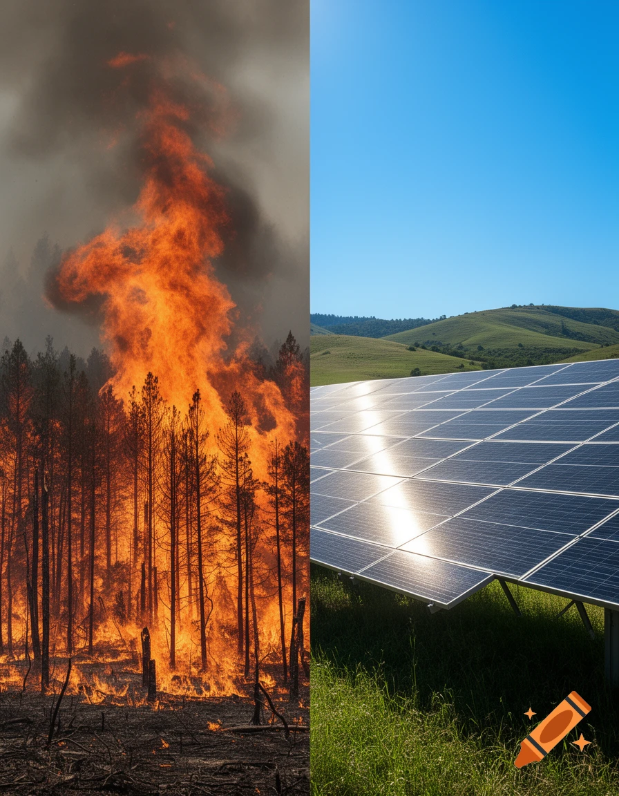 Photorealistic split image showing a dramatic forest fire with dark smoke on the left and modern solar panels under a clear blue sky on the right.