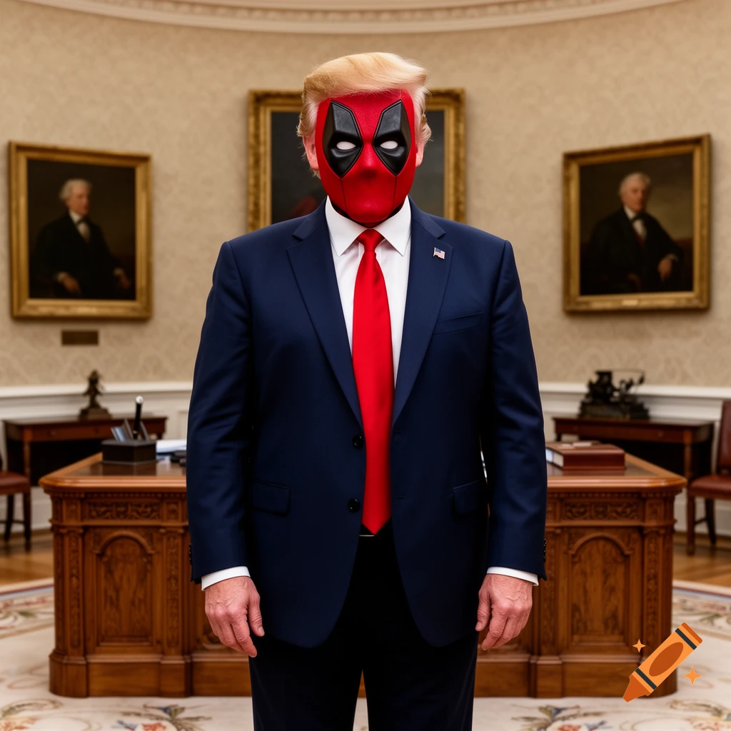 Donald Trump in a blue suit and red tie with a Deadpool mask, standing in the Oval Office.