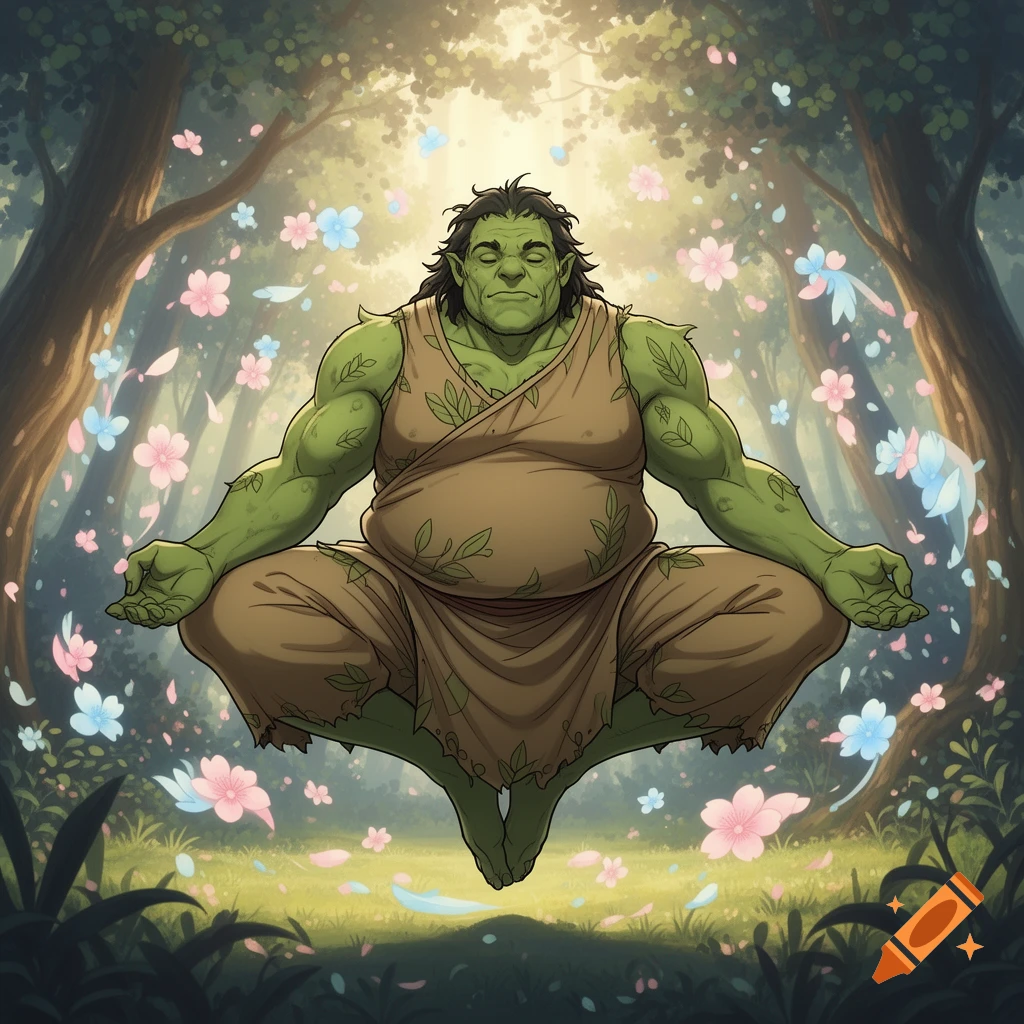 A muscular, green-skinned ogre meditates in a lotus position, floating in a sunny forest with pink and blue flowers, anime style.