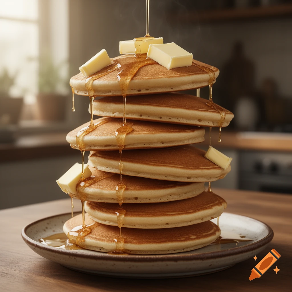 A tall stack of photorealistic pancakes drizzled with golden syrup and topped with melting butter pats on a plate.