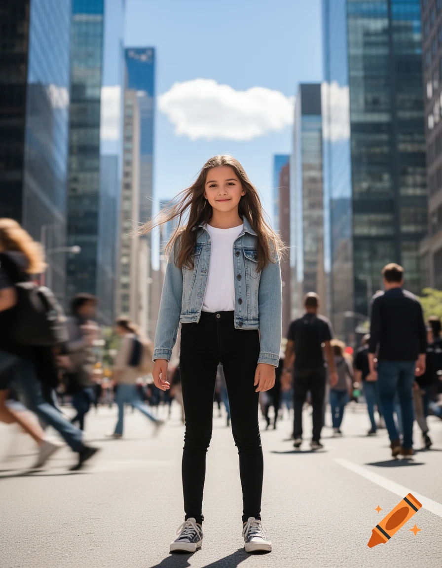 A young girl with long brown hair stands smiling in a bustling city street lined with skyscrapers, with motion-blurred pedestrians.