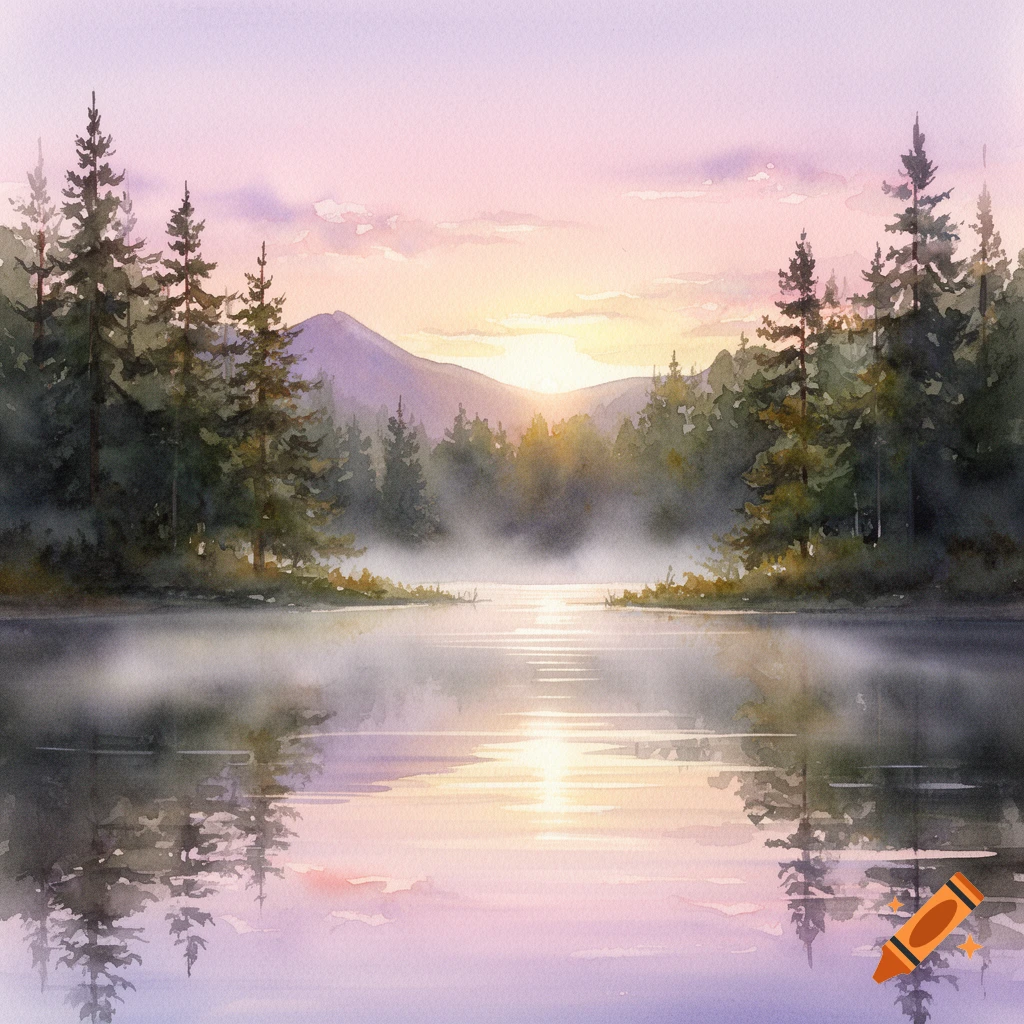 Watercolor painting of a serene lake with pine trees and mountains at sunrise/sunset, fog on the water.