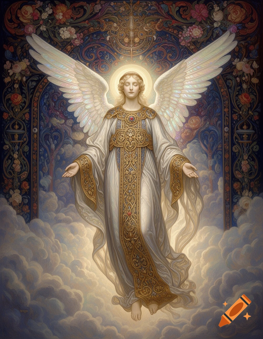 An ornate painting of a majestic angel with a glowing halo and large wings, standing in clouds against a dark, richly patterned background.