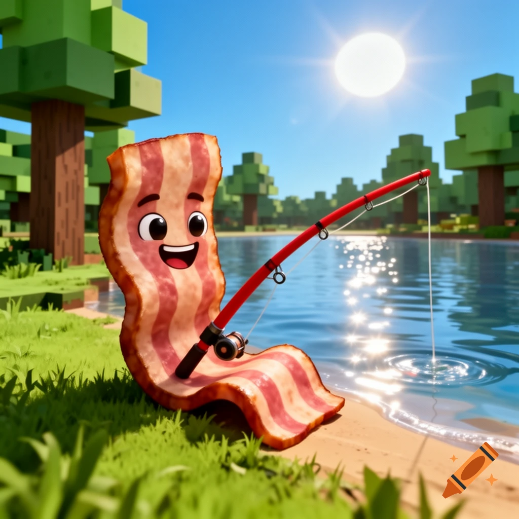 A cute cartoon bacon strip character fishes in a blocky video game-style lake on a sunny day.
