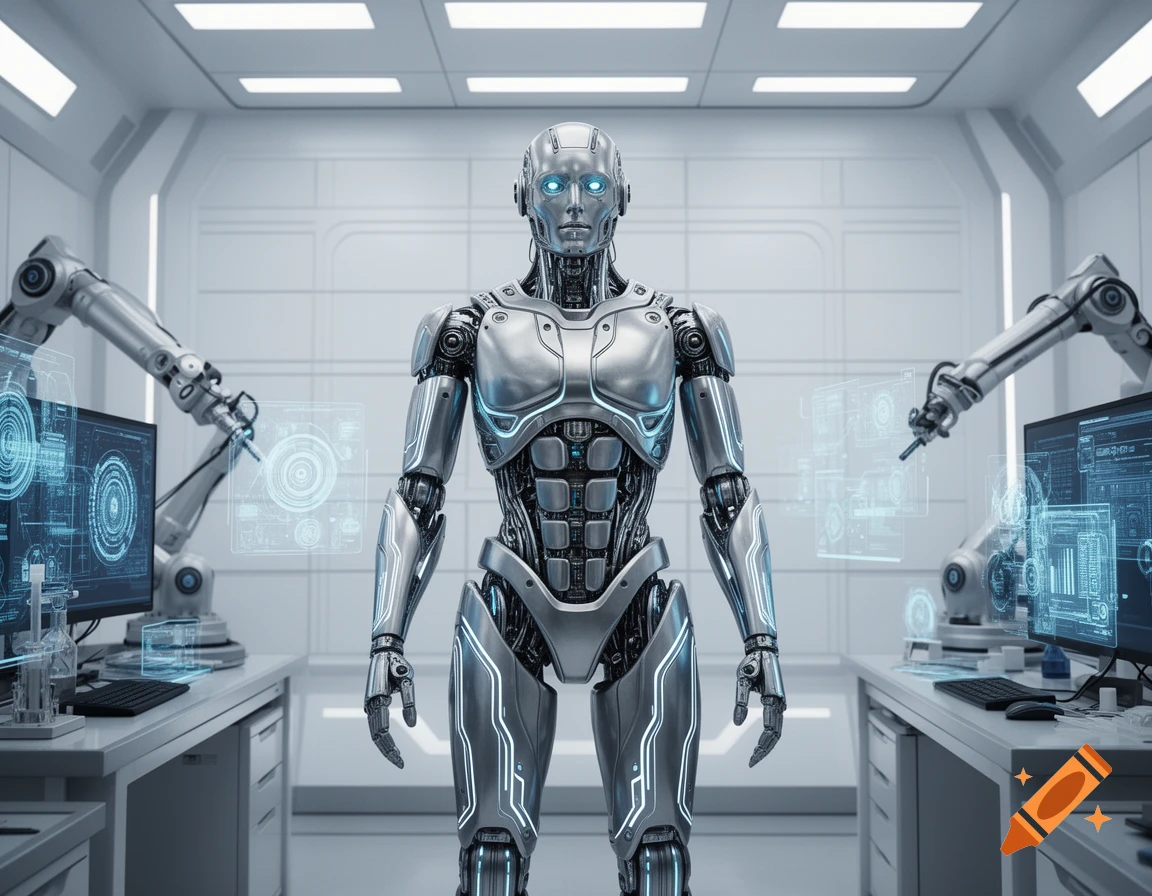 A photorealistic metallic humanoid robot with glowing blue eyes stands in a futuristic white laboratory with robotic arms and holographic displays.