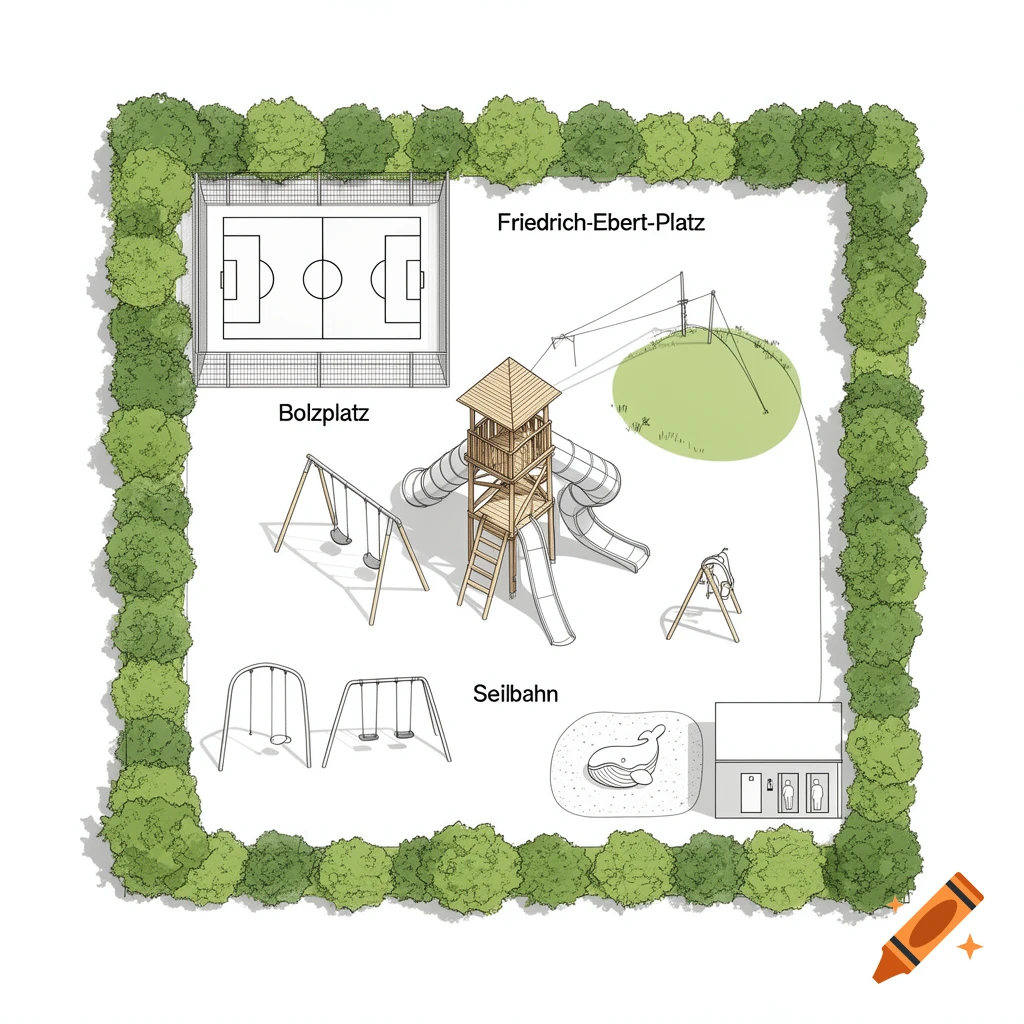 Top-down architectural layout of Friedrich-Ebert-Platz playground with soccer court, slide tower, swings, sand area, and restrooms, surrounded by trees.