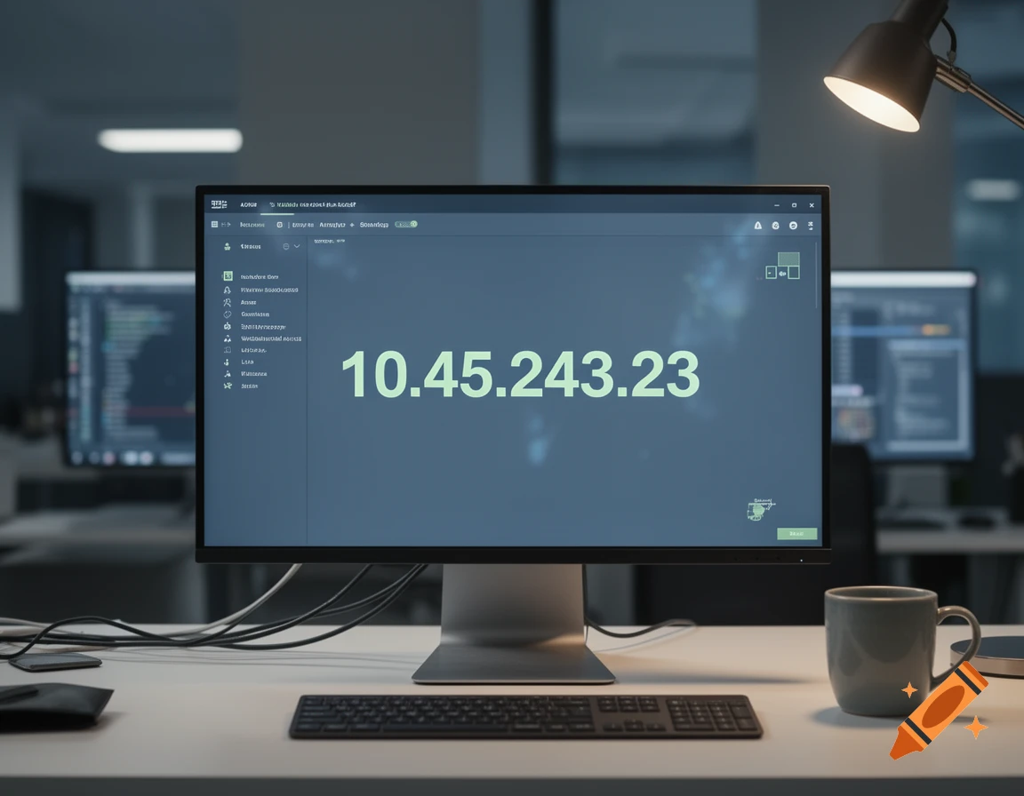 A monitor on a desk displaying the IP address '10.45.243.23' in an office setting, with a keyboard and mug.