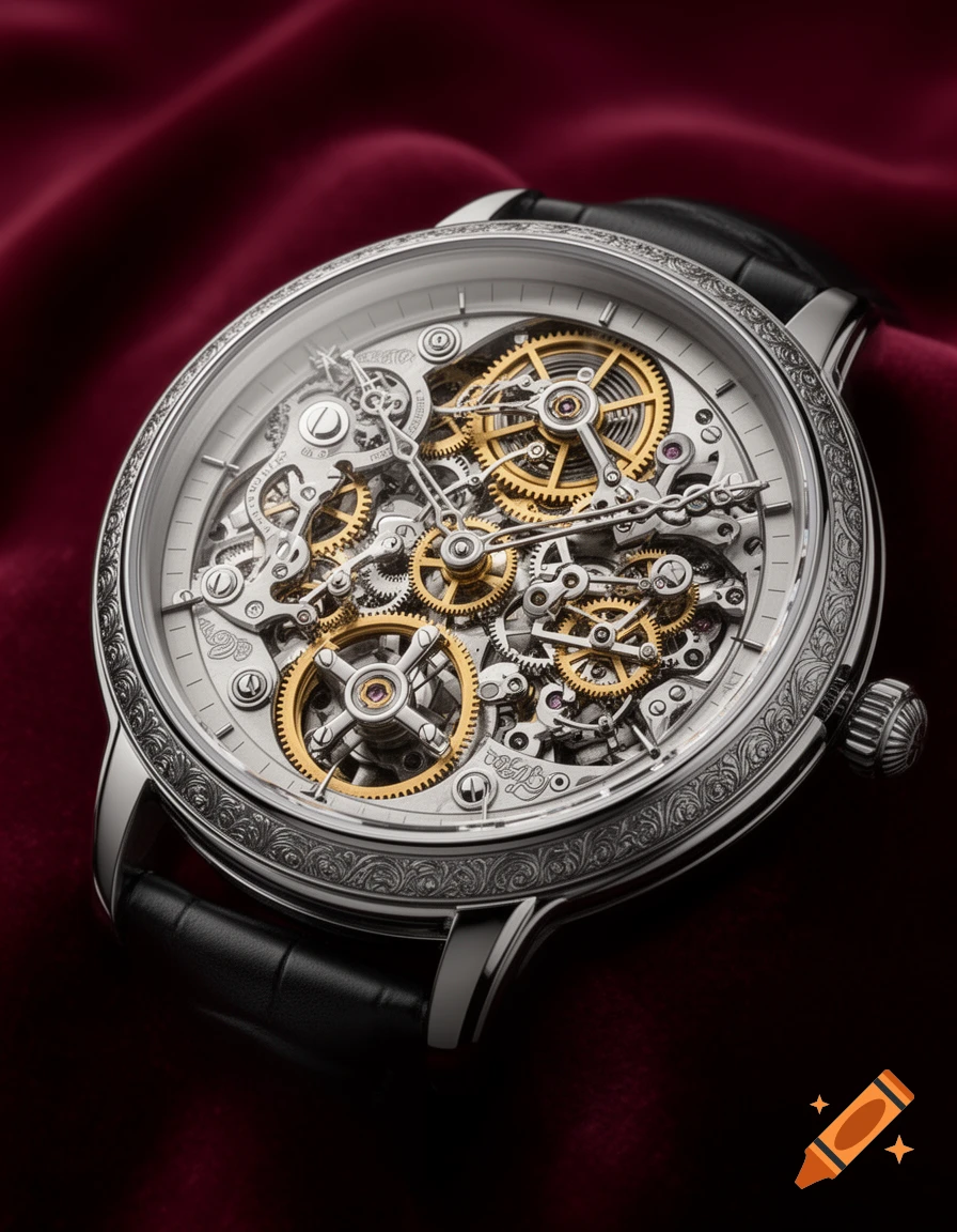 A close-up, high-angle shot of a luxurious skeleton mechanical watch with exposed golden gears and silver frame, set on deep red velvet.