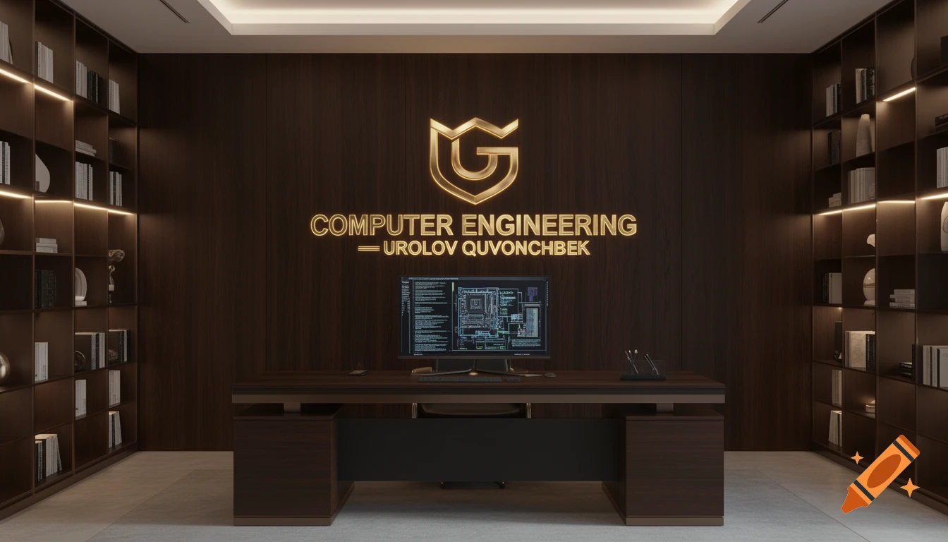 Luxury office interior with a glowing "COMPUTER ENGINEERING" logo on a dark wood wall, a desk with a monitor, and illuminated bookshelves.