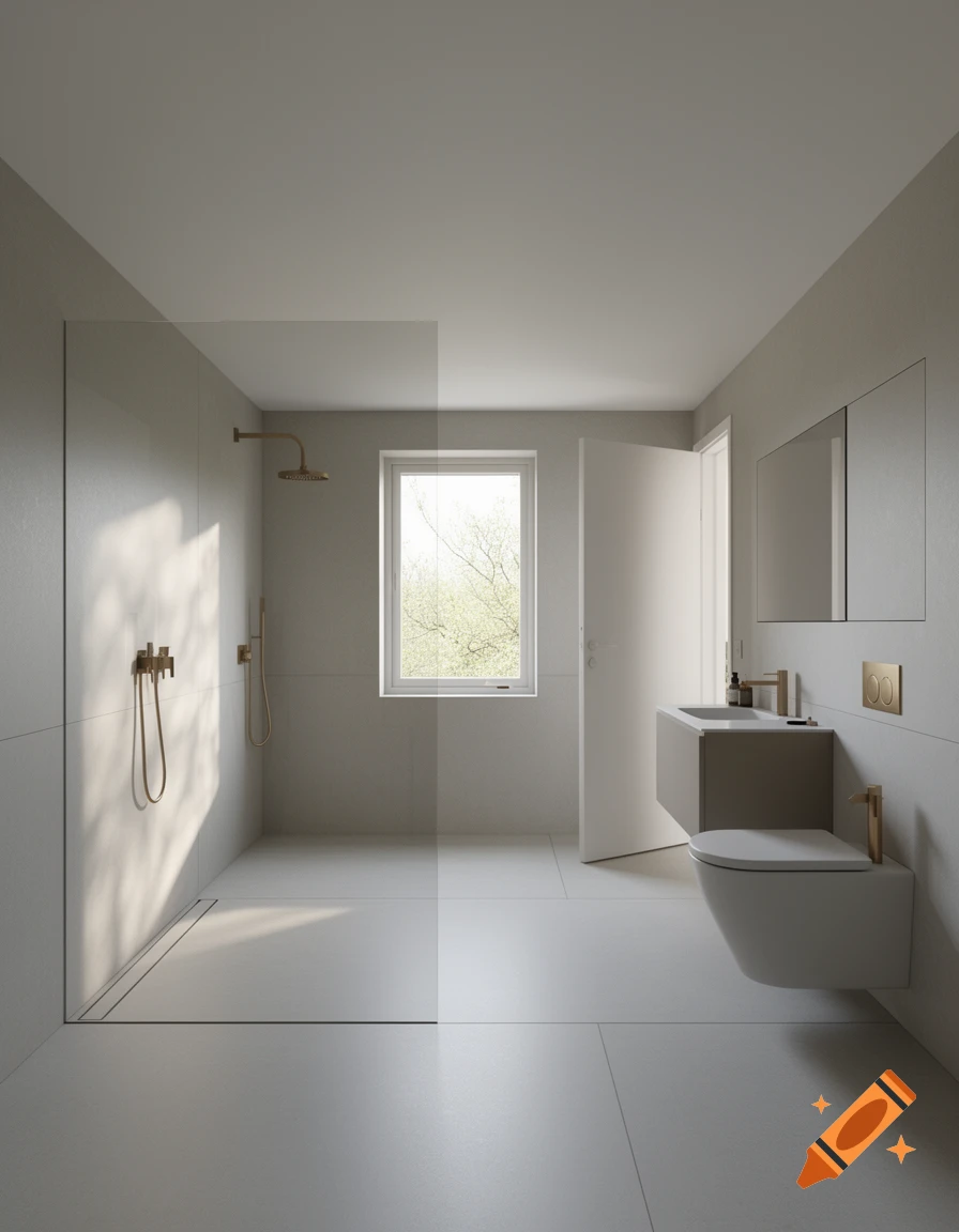 Modern minimalist bathroom with a walk-in shower, window, floating vanity, and wall-mounted toilet. Photorealistic style.