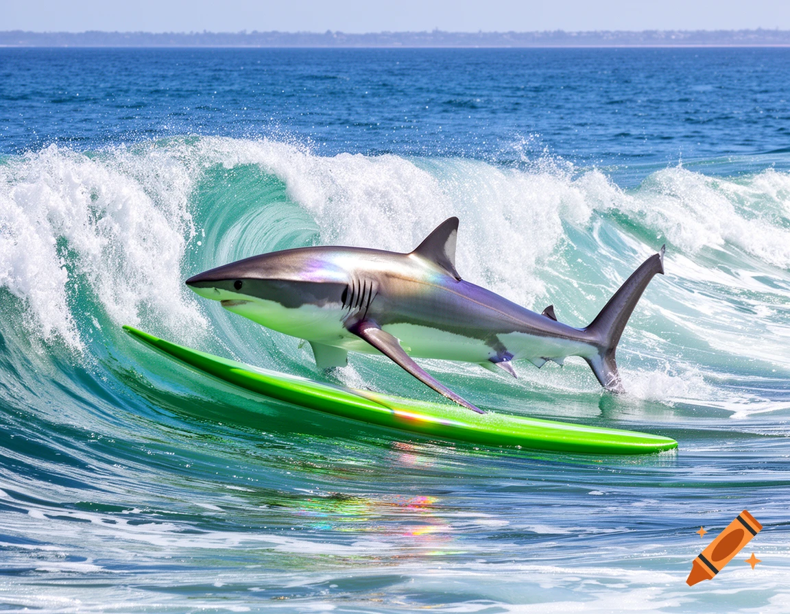 A shark on a green surfboard rides a large ocean wave under a clear blue sky.