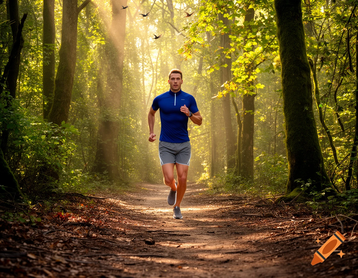A man in a blue shirt and grey shorts is jogging on a dirt path through a sun-drenched forest with birds flying.