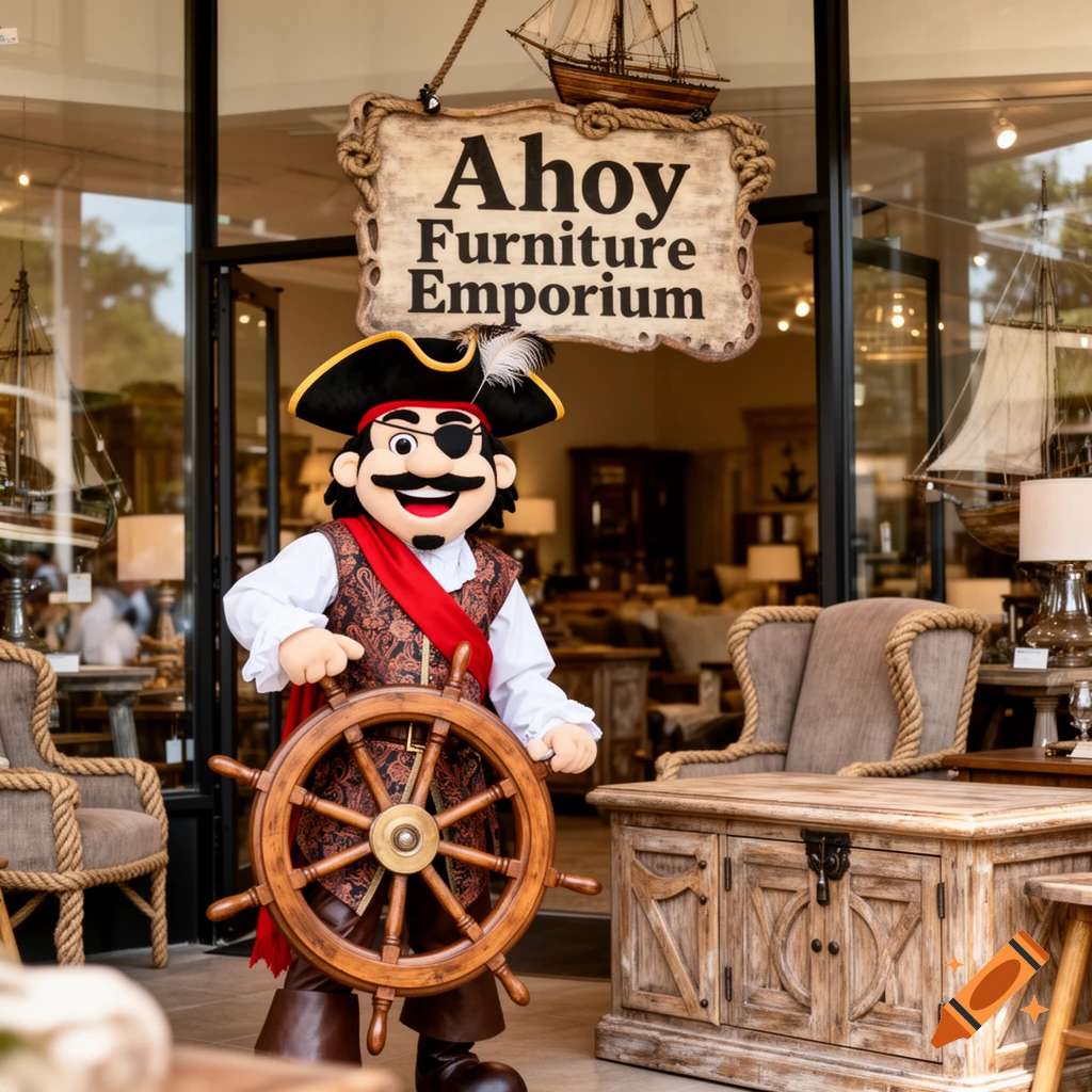 A cartoonish pirate mascot stands with a ship's wheel outside 'Ahoy Furniture Emporium', a store selling nautical-themed furniture.
