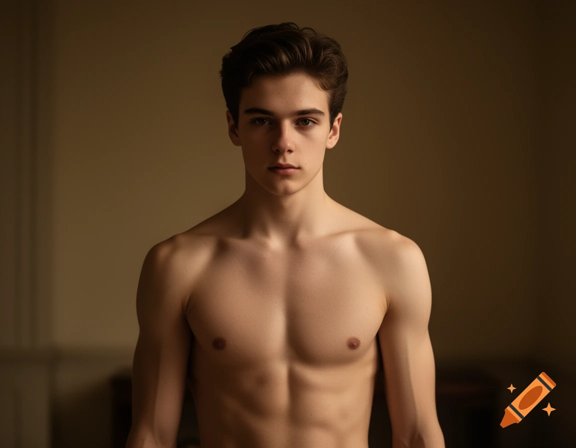 Photorealistic portrait of a shirtless young man with dark hair, looking directly at the camera.