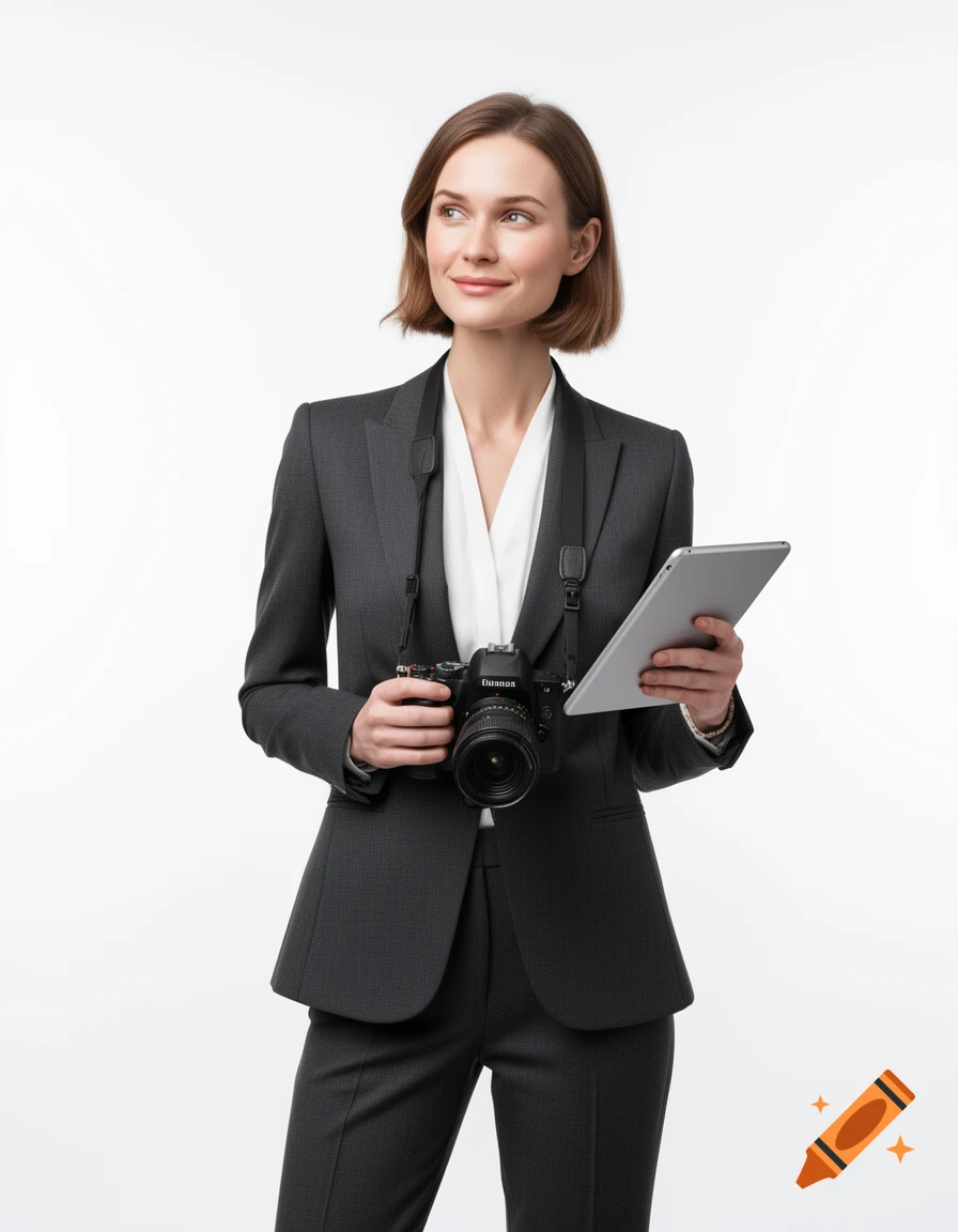 A professional woman in a dark suit with a camera around her neck holds a tablet, looking thoughtfully to the side against a white background.