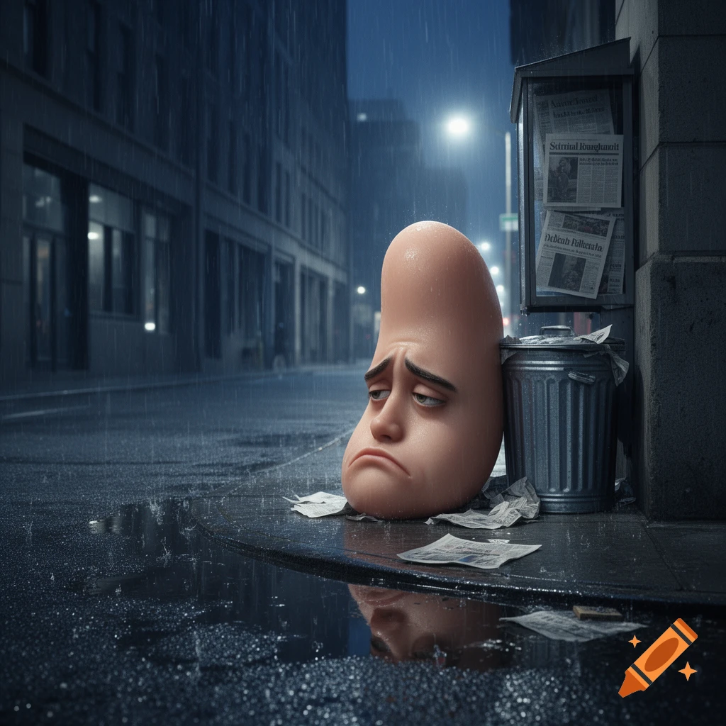 A sad, bean-shaped character with a human-like face sits slumped on a wet city sidewalk next to a trash can in the rain at night.
