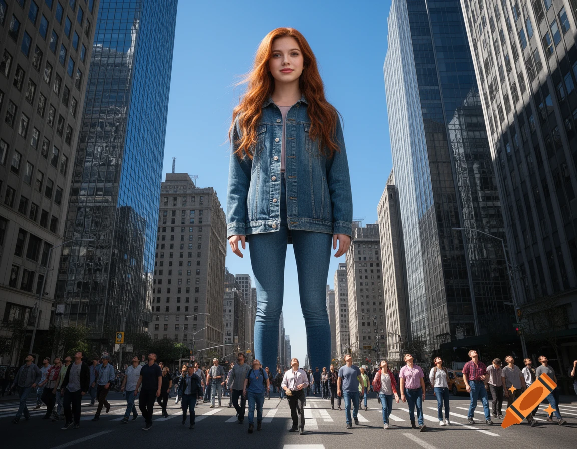 A towering red-haired girl in a denim jacket stands among skyscrapers on a busy city street, observed by tiny pedestrians.