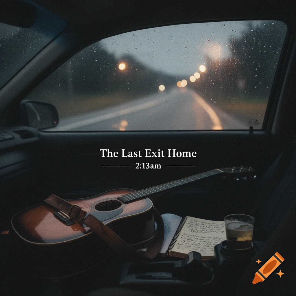 A moody cinematic view from inside a car on a rainy night, showing an acoustic guitar, notebook, and a drink on the passenger seat. Text: 'The Last Exit Home', '2:13am'.