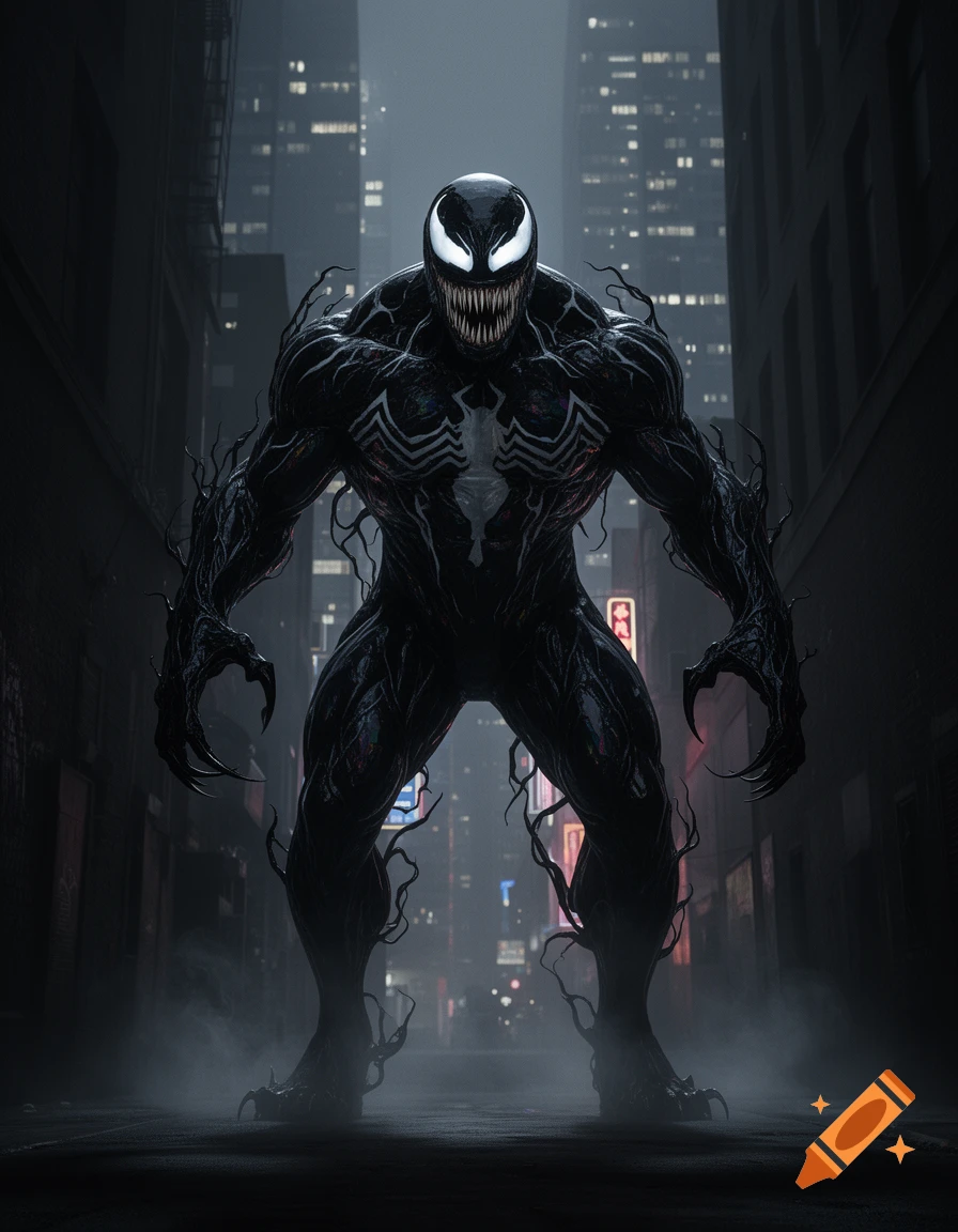 A menacing, muscular black alien symbiote, Venom, with large white eyes and sharp teeth, stands in a foggy city alley at night.