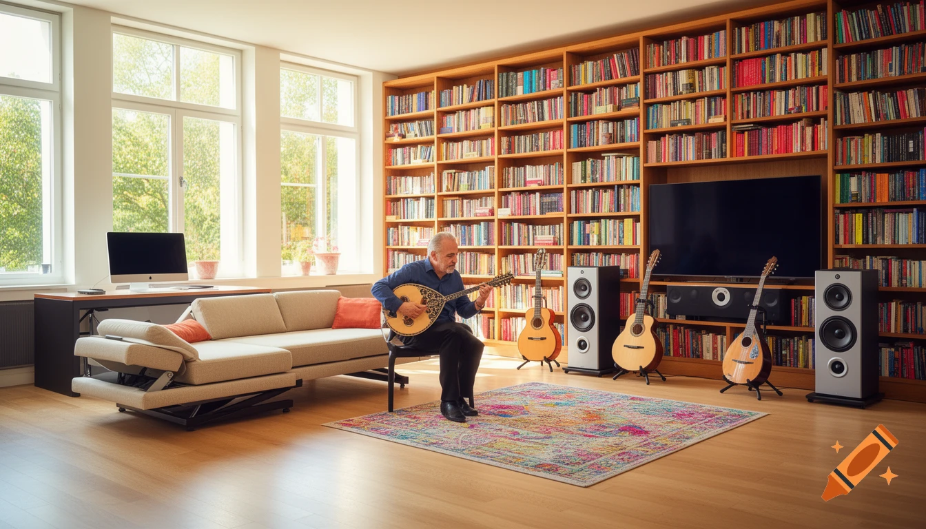 A man plays a Greek bouzouki in a bright, photorealistic music and reading room with a large bookshelf and sofa.