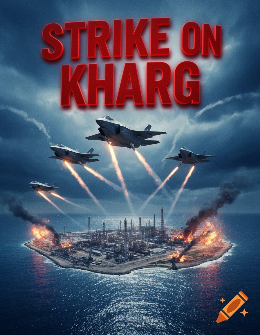 Four F-35 jets strike an oil refinery on Kharg Island with missiles, causing explosions and smoke, in a dramatic movie poster style.