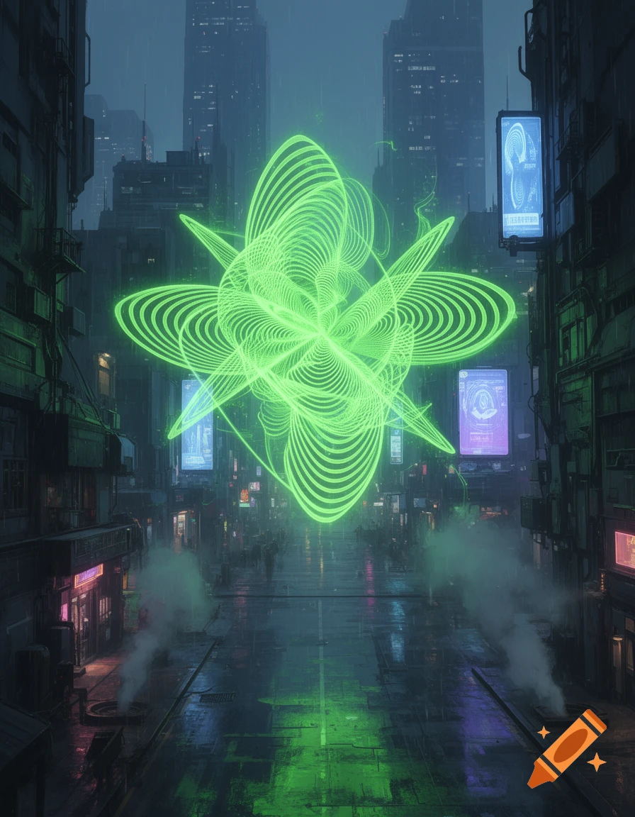 A vibrant green, abstract neon light form hovers over a rainy, dark cyberpunk city street at night.