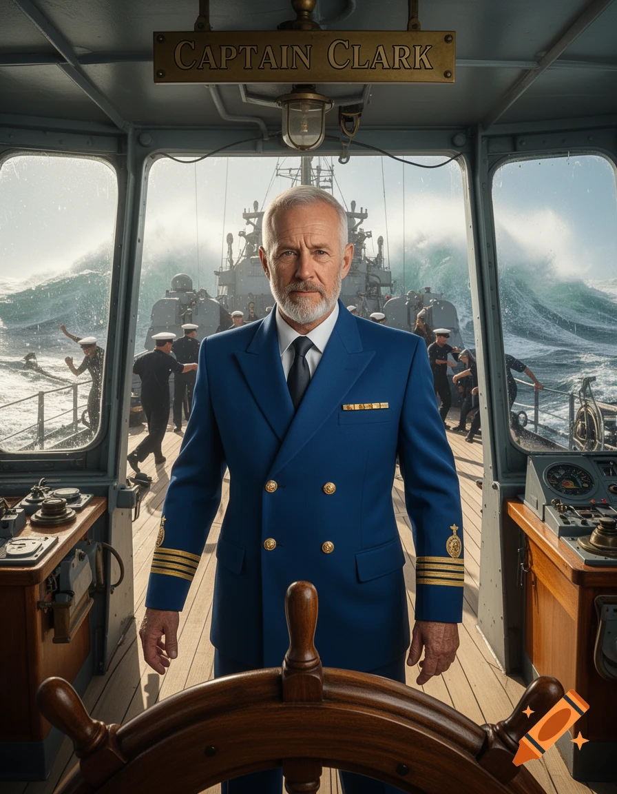 A stoic Captain Clark in a blue naval uniform stands at the helm of a warship during a stormy sea, large waves crashing in the background.