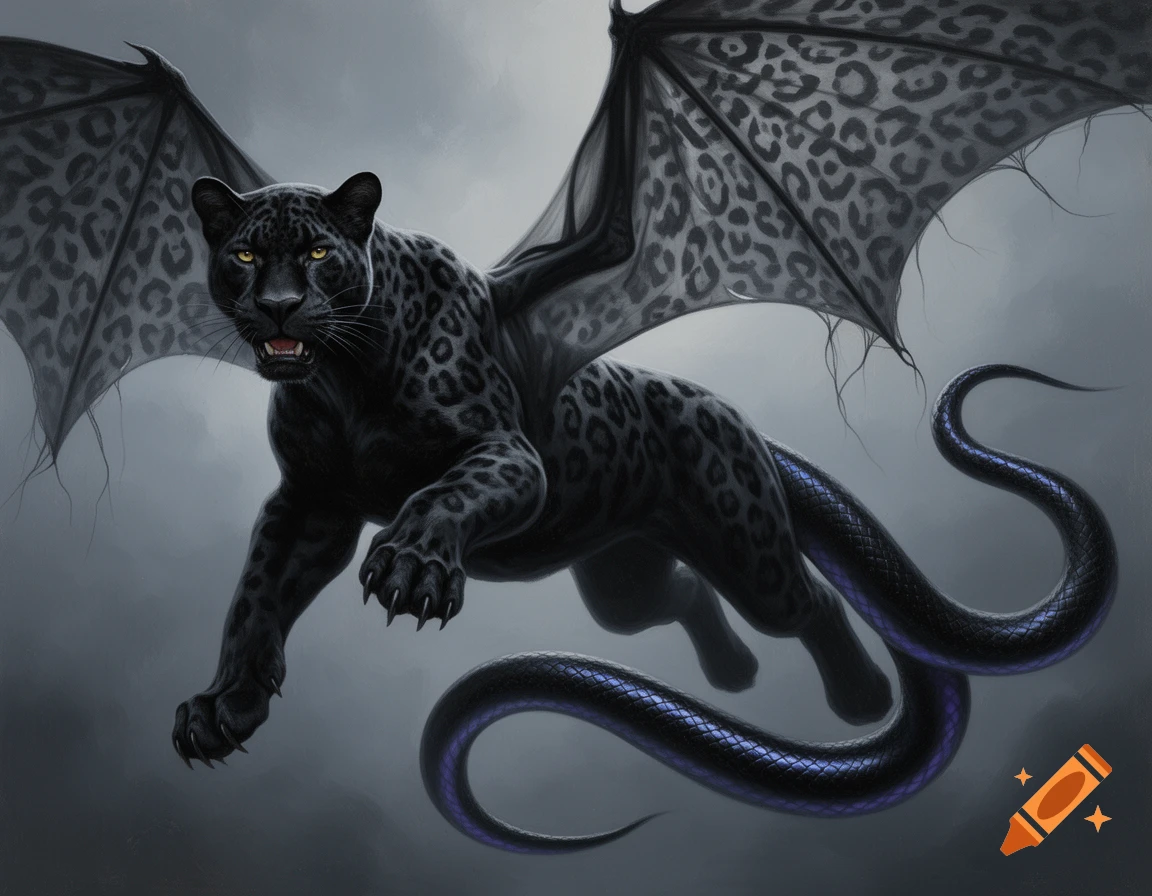 A black panther hybrid with leopard-spotted bat wings and a coiled snake tail, in an oil painting style.