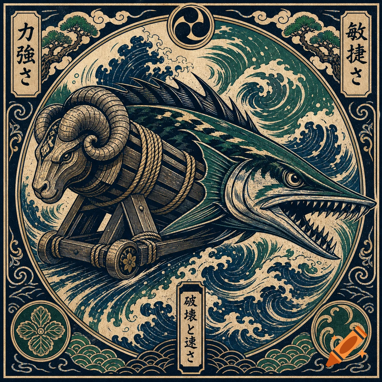 Japanese woodcut style logo with a barracuda-headed battering ram amidst waves, framed by trees and kanji.