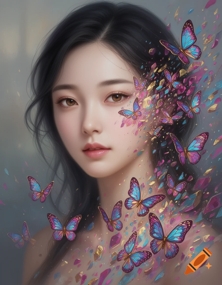 A beautiful woman with dark hair and fair skin, looking forward, with colorful butterflies and shimmering fragments scattering around her face and shoulder.