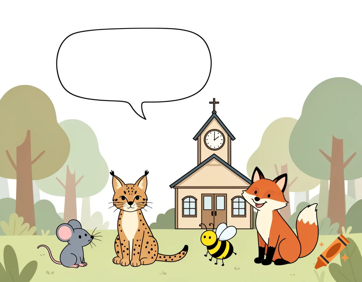 A cartoon illustration features a mouse, lynx, bee, and fox in a forest clearing with a church and an empty speech bubble.