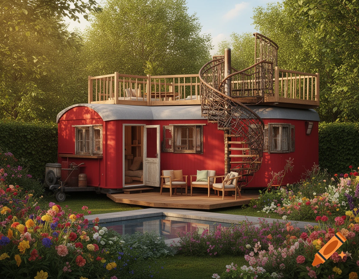 A charming red wagon house with a spiral staircase leading to a rooftop terrace, surrounded by a lush flower garden and a small pool.
