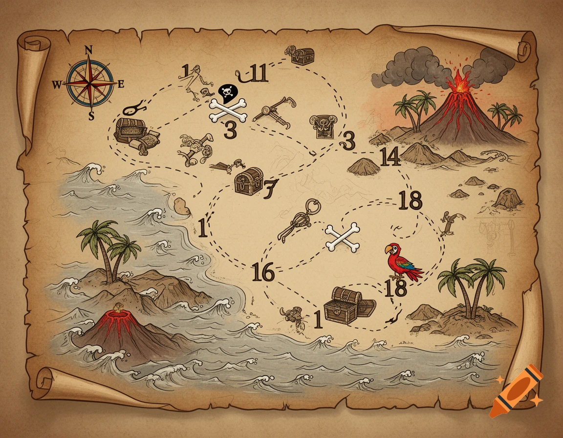 An illustrated pirate treasure map on aged parchment, showing islands, volcanoes, a compass rose, treasure chests, and a path with numbered stations.