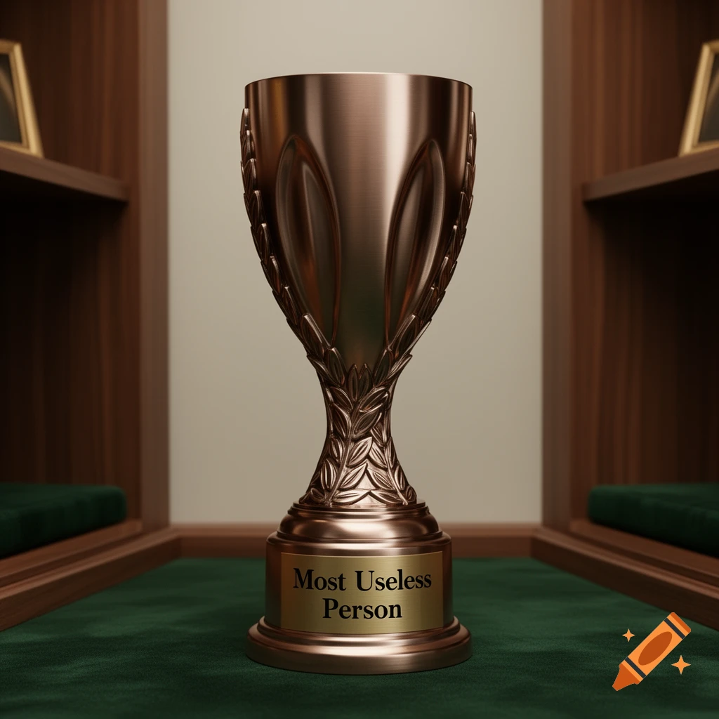 A bronze trophy engraved with 'Most Useless Person' sits on a green felt surface in a wooden display cabinet.