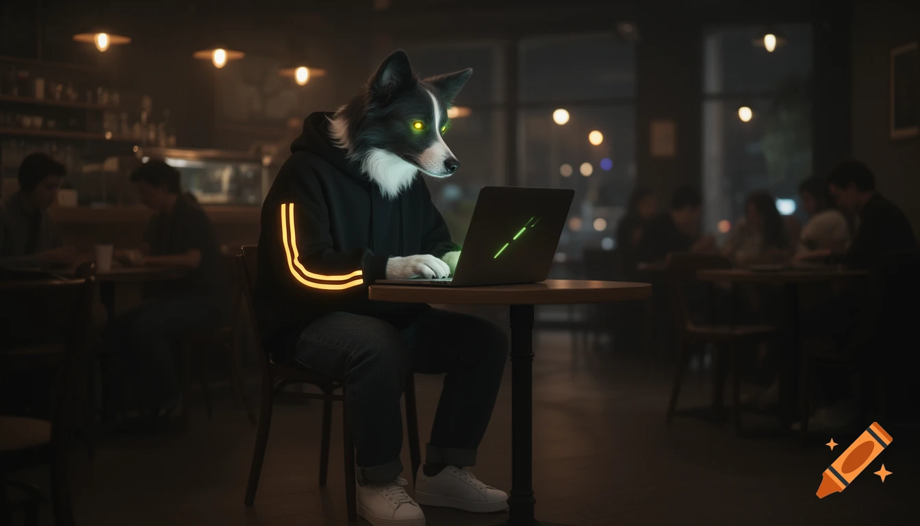 A male anthropomorphic Border Collie with glowing eyes and amber-striped hoodie uses a laptop in a dimly lit cyberpunk cafe.