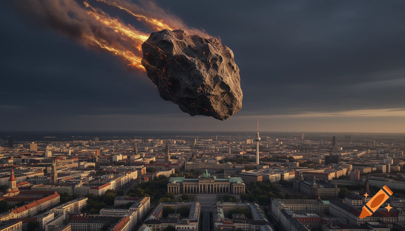 A massive asteroid with a flaming trail hurtles towards the cityscape of Berlin, with the Brandenburg Gate below.