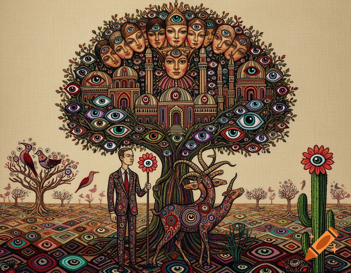 Detailed surrealist folk art painting with a patterned man, a multi-headed ibex, and a tree filled with faces and eyes.