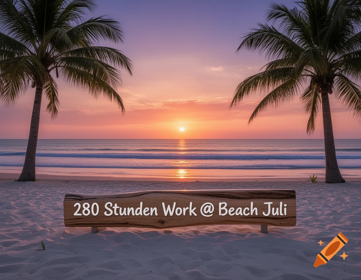 A vibrant beach sunset with two palm trees framing the scene, gentle waves on the ocean, and a wooden sign in the sand reading "280 Stunden Work @ Beach Juli".