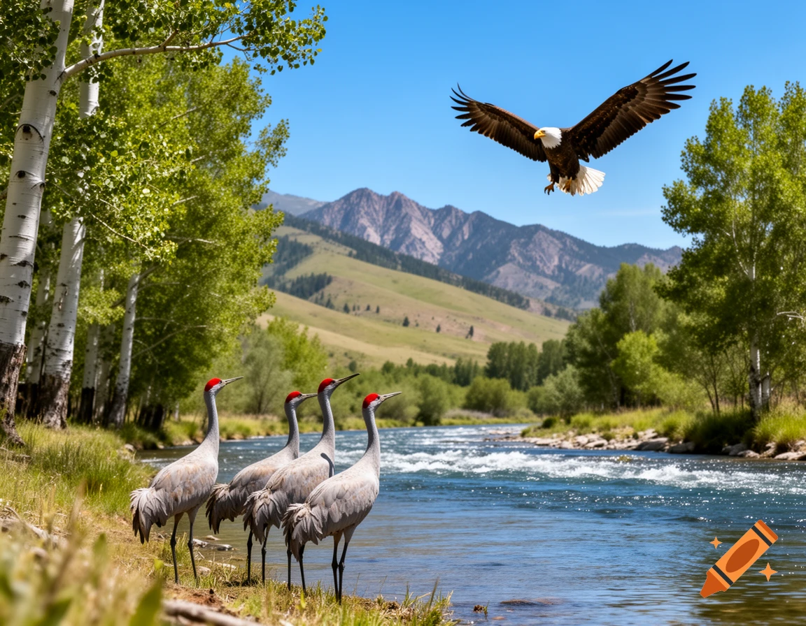 A photorealistic image of four sandhill cranes standing by a river, looking up at a bald eagle soaring above mountains and trees.