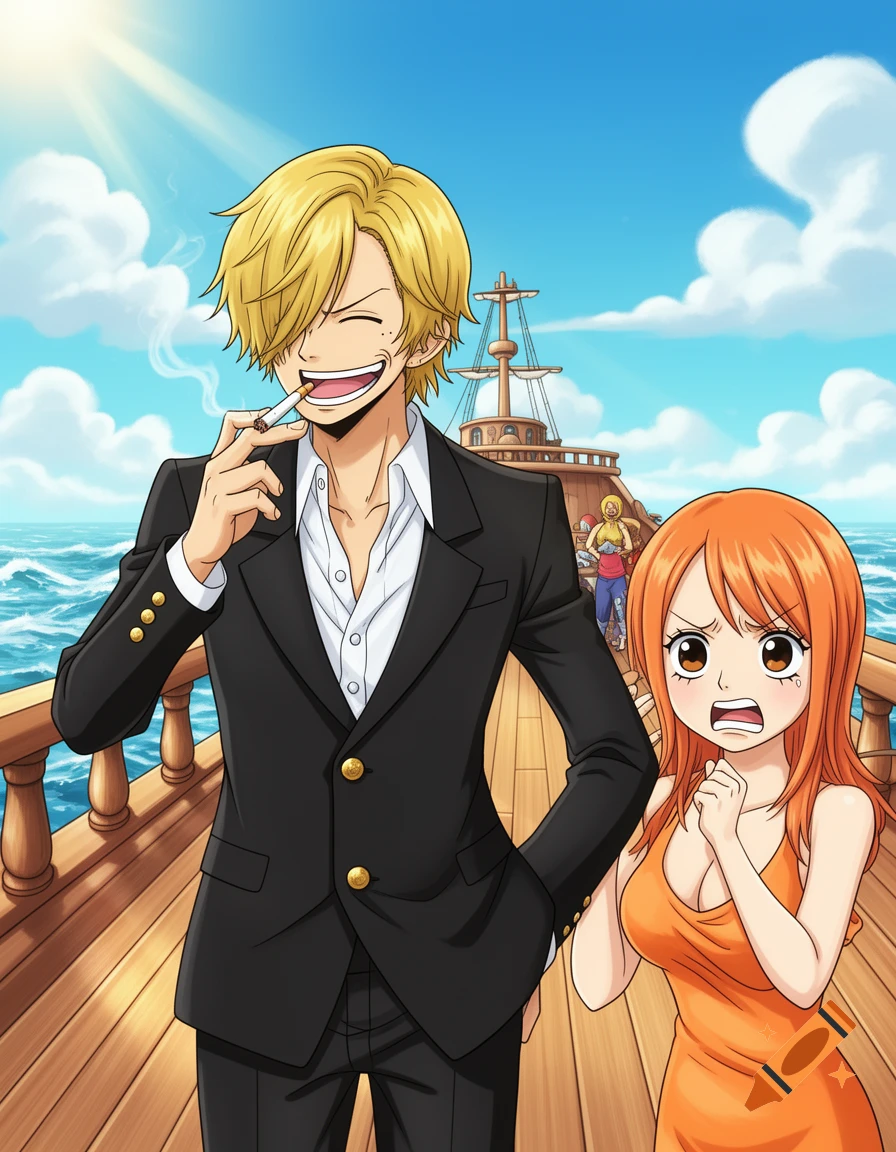 Anime depiction of Sanji from One Piece smoking on a ship deck, with a shocked Nami behind him, under a blue sky.