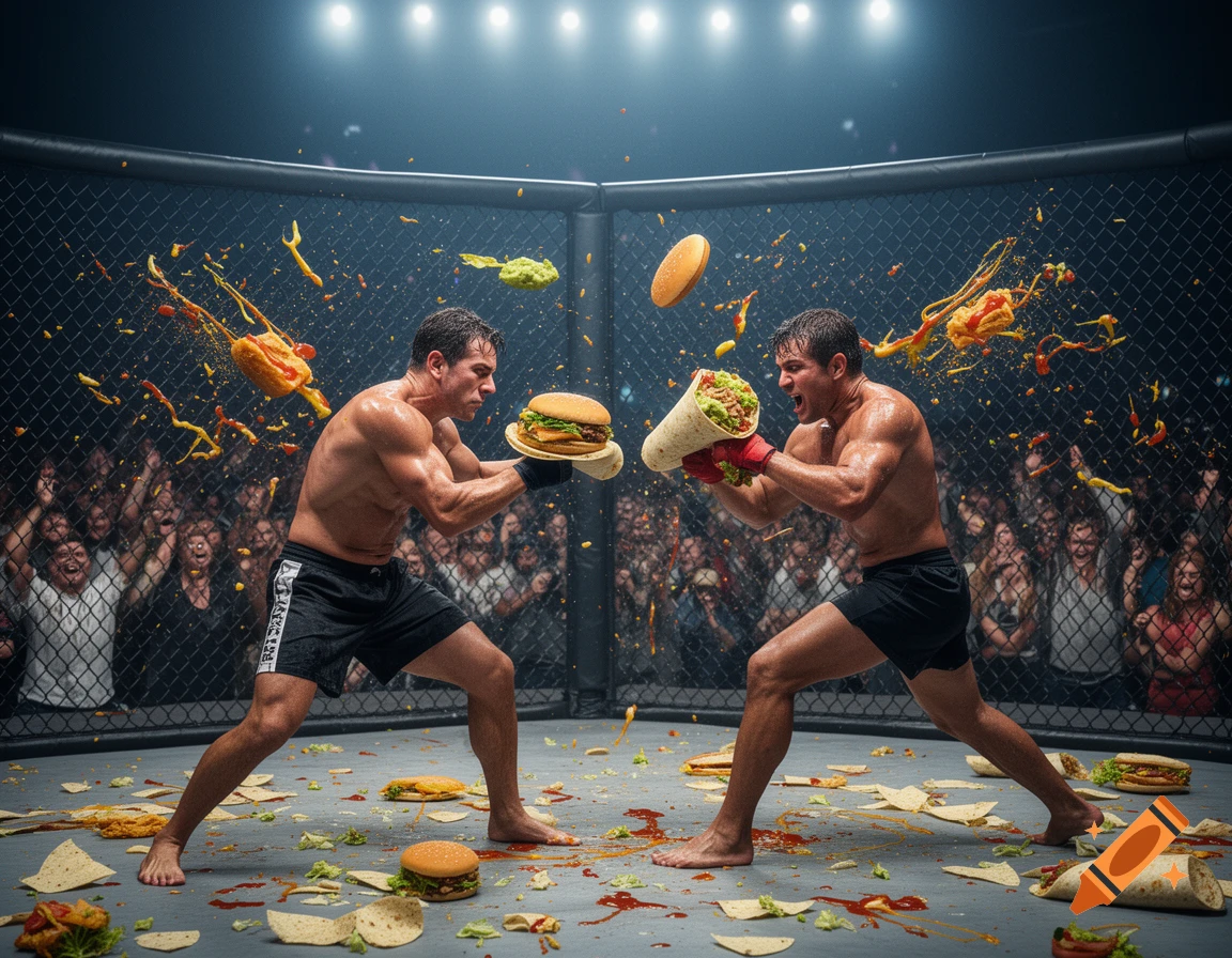 Two muscular men in a photorealistic MMA cage fight throw burgers and burritos at each other amidst splattering food.