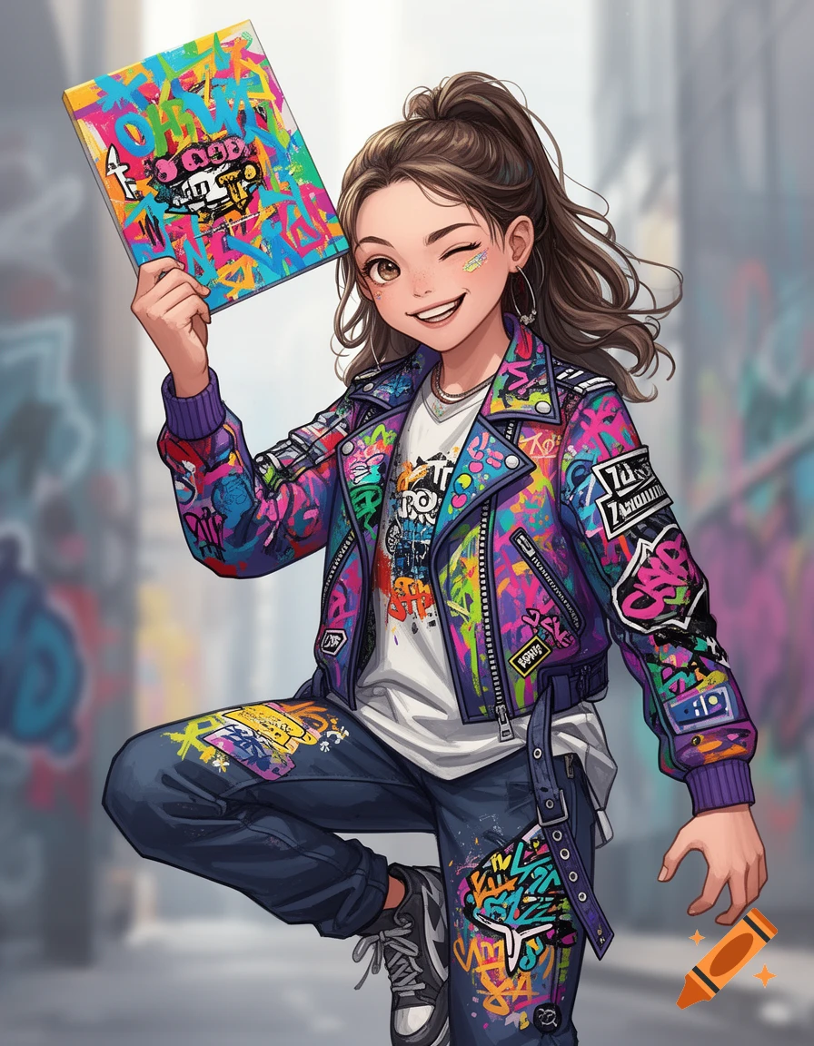 An anime girl winking, wearing a colorful graffiti-covered streetwear outfit, holding up a matching book.
