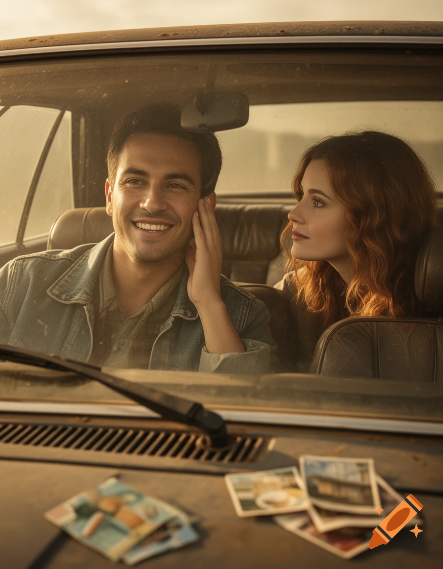 A smiling man drives a dusty car as a woman with red hair looks at him and gently touches his face. Photorealistic.