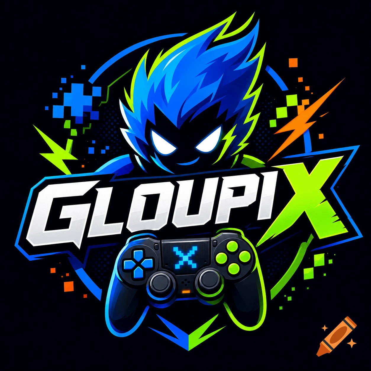 A stylized gaming logo featuring a blue-haired character with glowing eyes, a game controller, and the text "GLOUPIX" amidst neon accents.