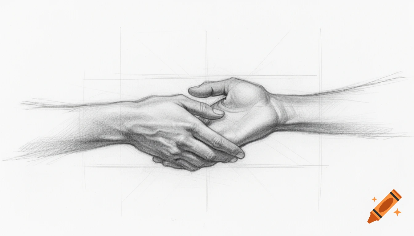 Detailed pencil sketch of two hands in a handshake with faint guide lines.