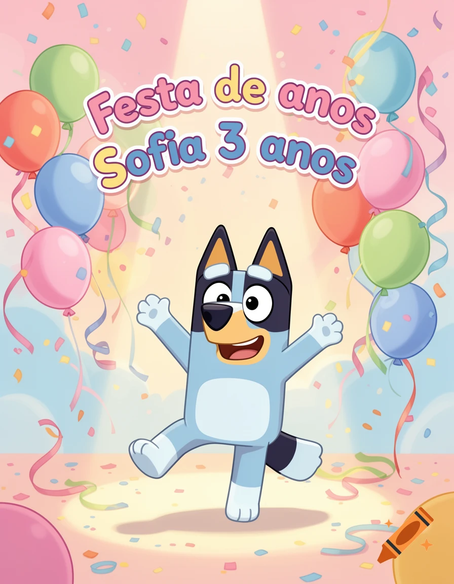 Cartoon Bluey dancing at a birthday party with colorful balloons and confetti. Text reads 'Festa de anos Sofia 3 anos'.