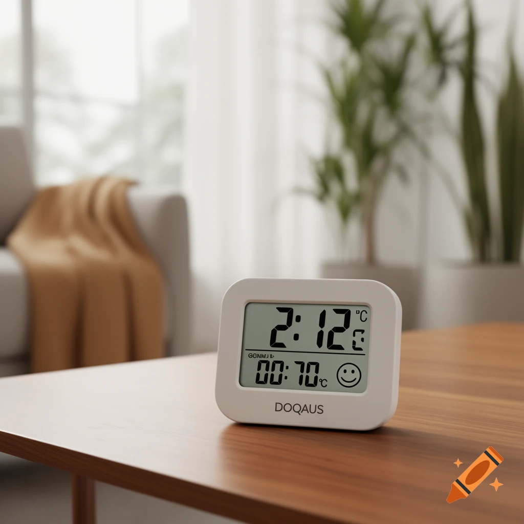 A white digital thermometer-hygrometer, displaying the time, temperature, and a smiley face, sits on a wooden table in a well-lit modern room.