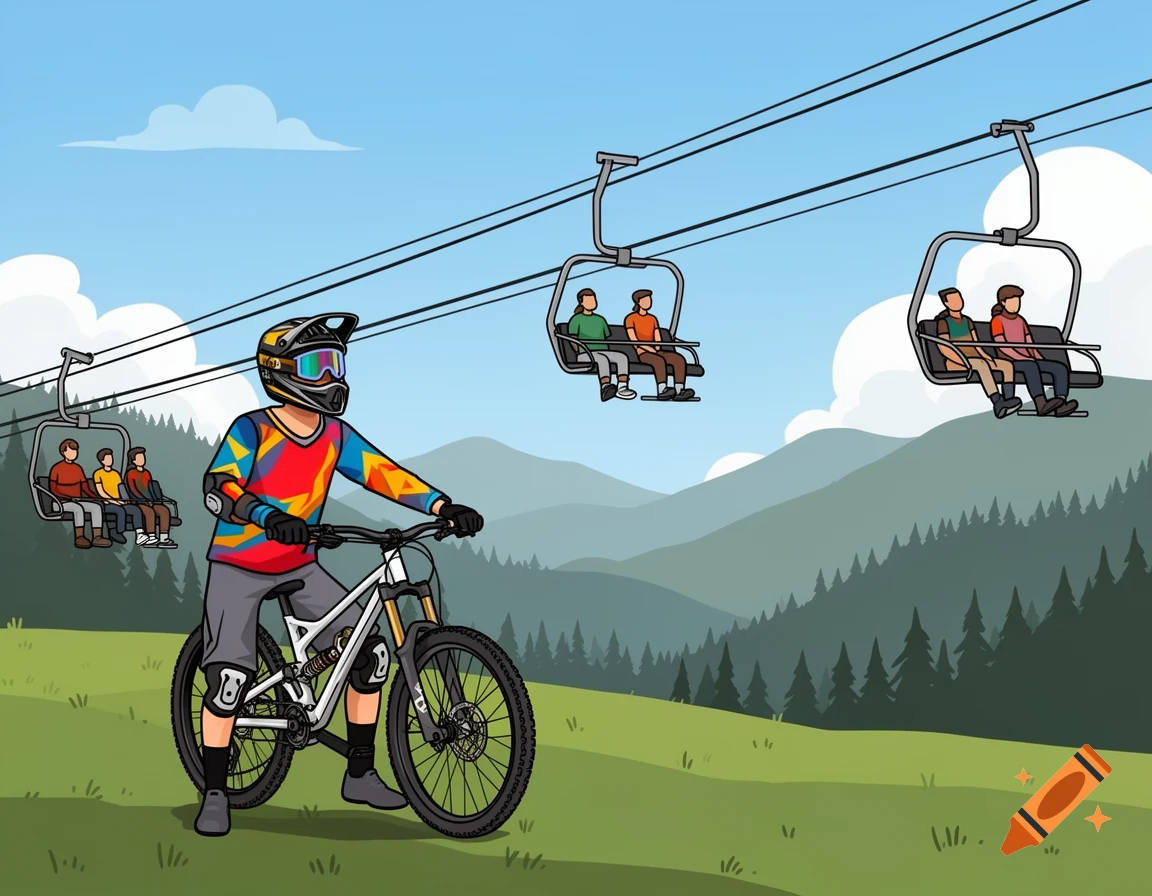 A cartoon mountain biker in full gear stands with his bike at a chairlift base station, with people on chairlifts ascending a grassy mountainside under a blue sky.