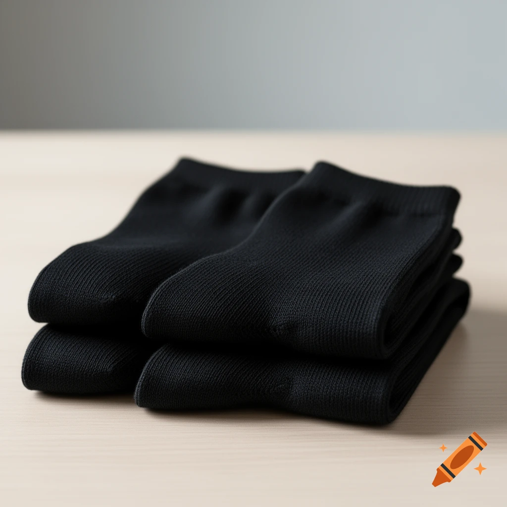 Two pairs of black folded socks on a light wooden surface with a grey background.