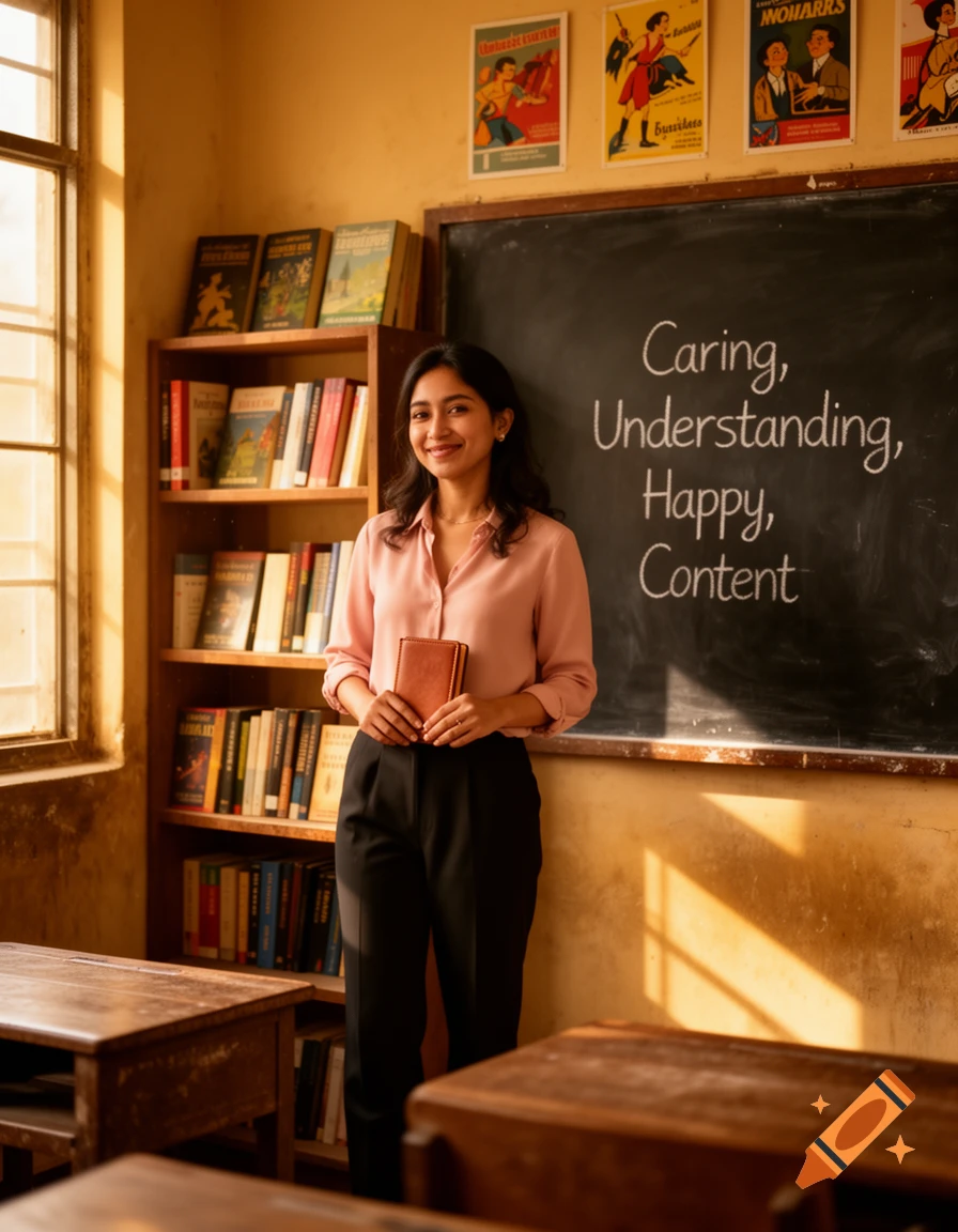 A smiling teacher in a sunlit classroom, standing by a blackboard with "Caring, Understanding, Happy, Content" and a bookshelf.